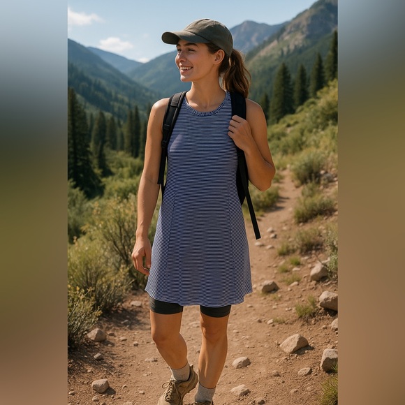 Title Nine NWOT Buttah Blue Gray Stripe Alpha Racerback Athletic Dress Size L - Picture 1 of 7